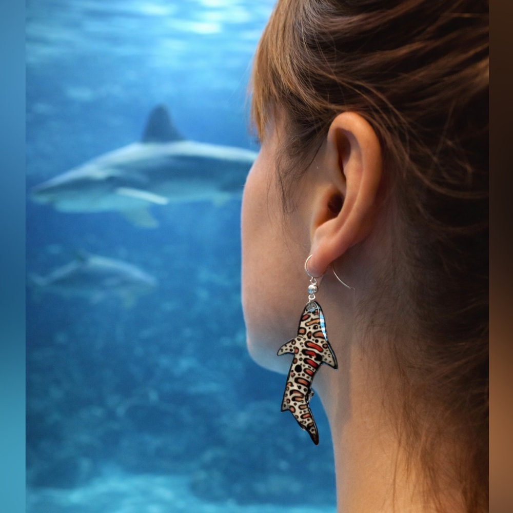 Handpainted, leopard sharks on sterling wires, one of a kind sea animals fish